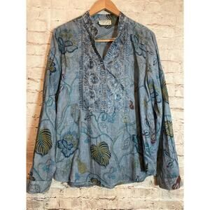 Vintage Goa Tunic Top Womens 2X Blue Floral Embroidered Lightweight Popover
